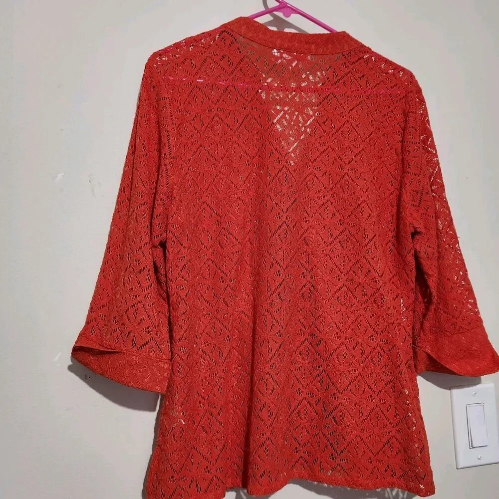 Rebecca Malone Cardigan Size Small Chili Lace Sheer Lightweight Front Buttons - Picture 6 of 10